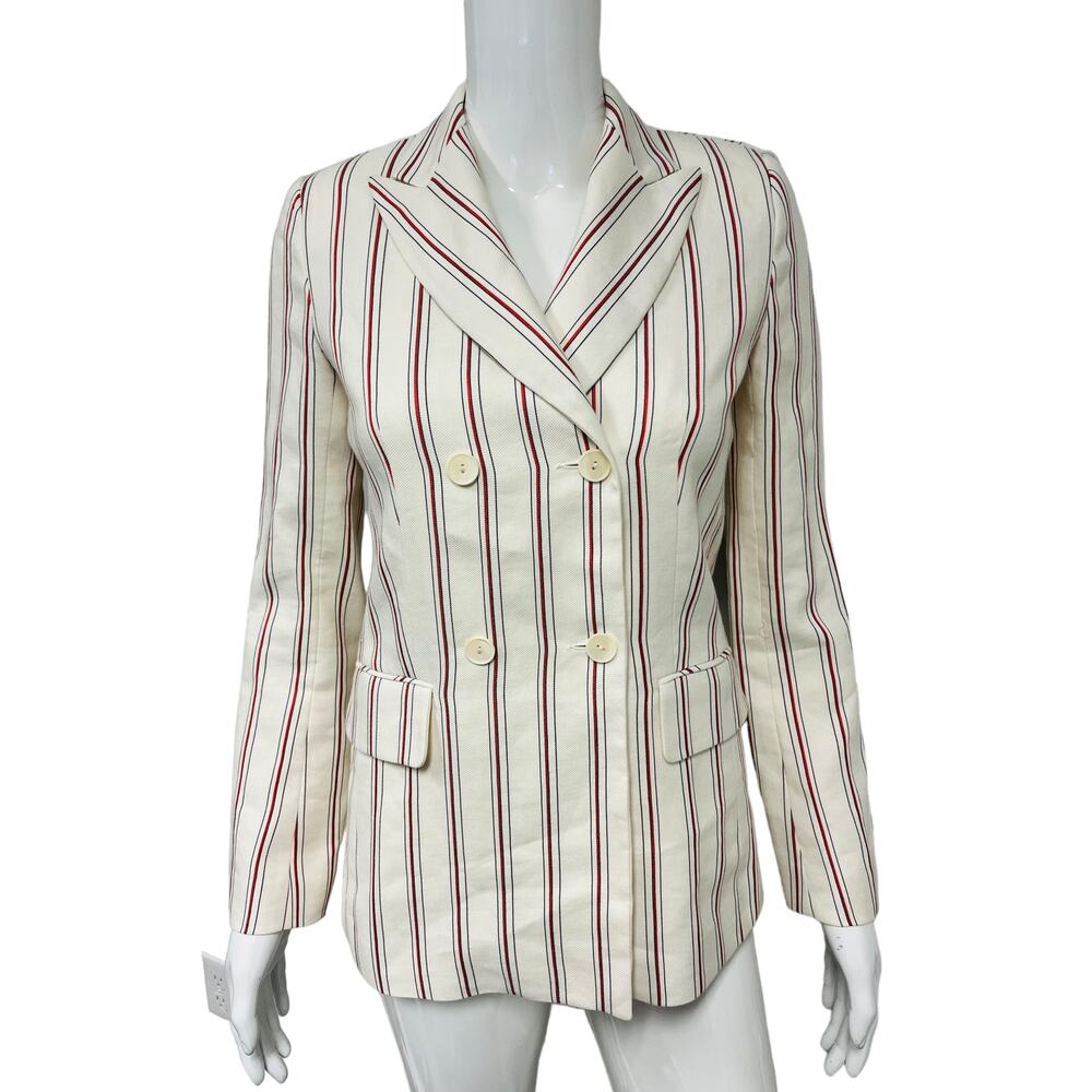 SANDRO Cream Lamb Leather Striped Mid-Length Double Breasted Blazer Jacket EU 34